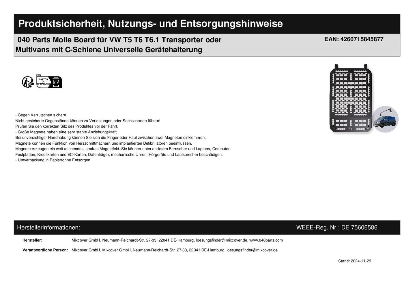 040 Parts Molle Board for VW T5 T6 T6.1 Transporter or Multivans with C-rail Universal device holder