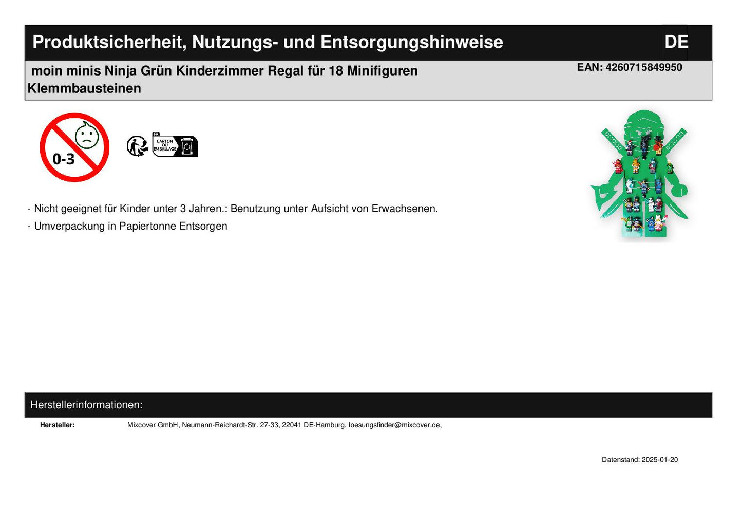 moin minis Ninja Green children's room shelf for 18 minifigures clamp building blocks