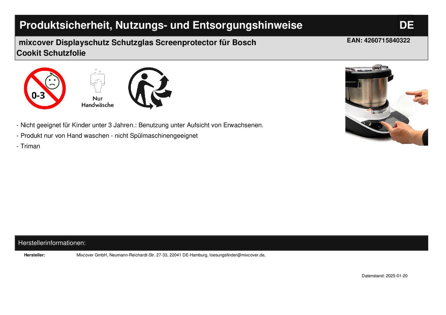 MixCover Display Protection Protection Glazen schermbeschermer voor Bosch Cookit Protection Film
