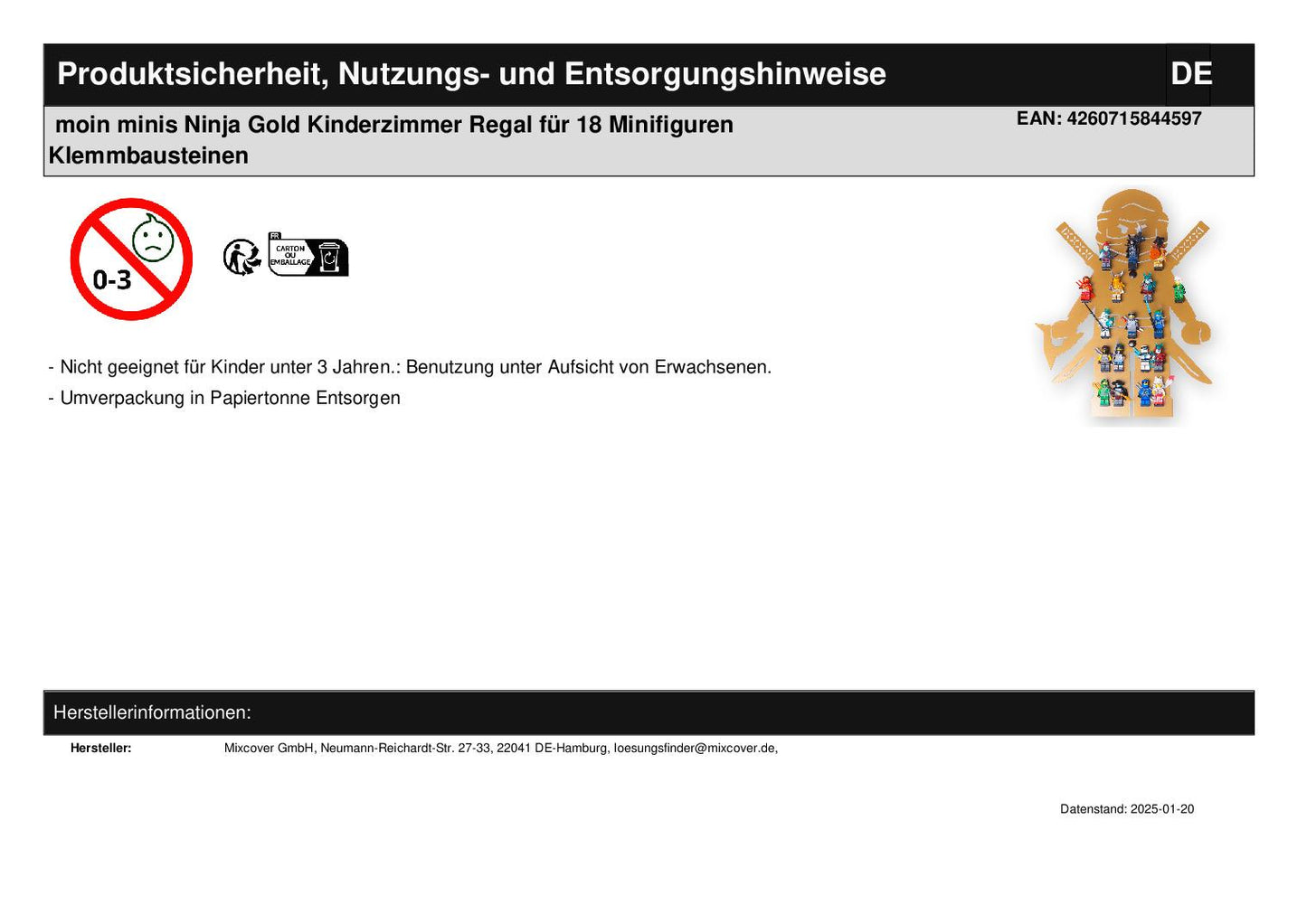 moin minis Ninja Gold children's room shelf for 18 minifigures clamping blocks