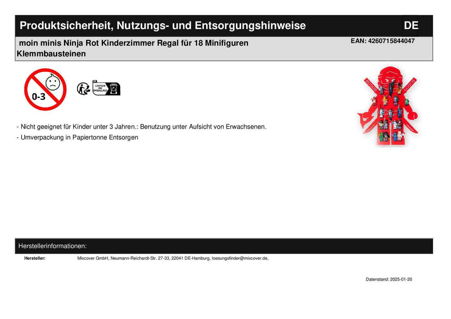 moin minis Ninja Rot Kinderzimmer Regal für 18 Minifiguren Klemmbausteinen