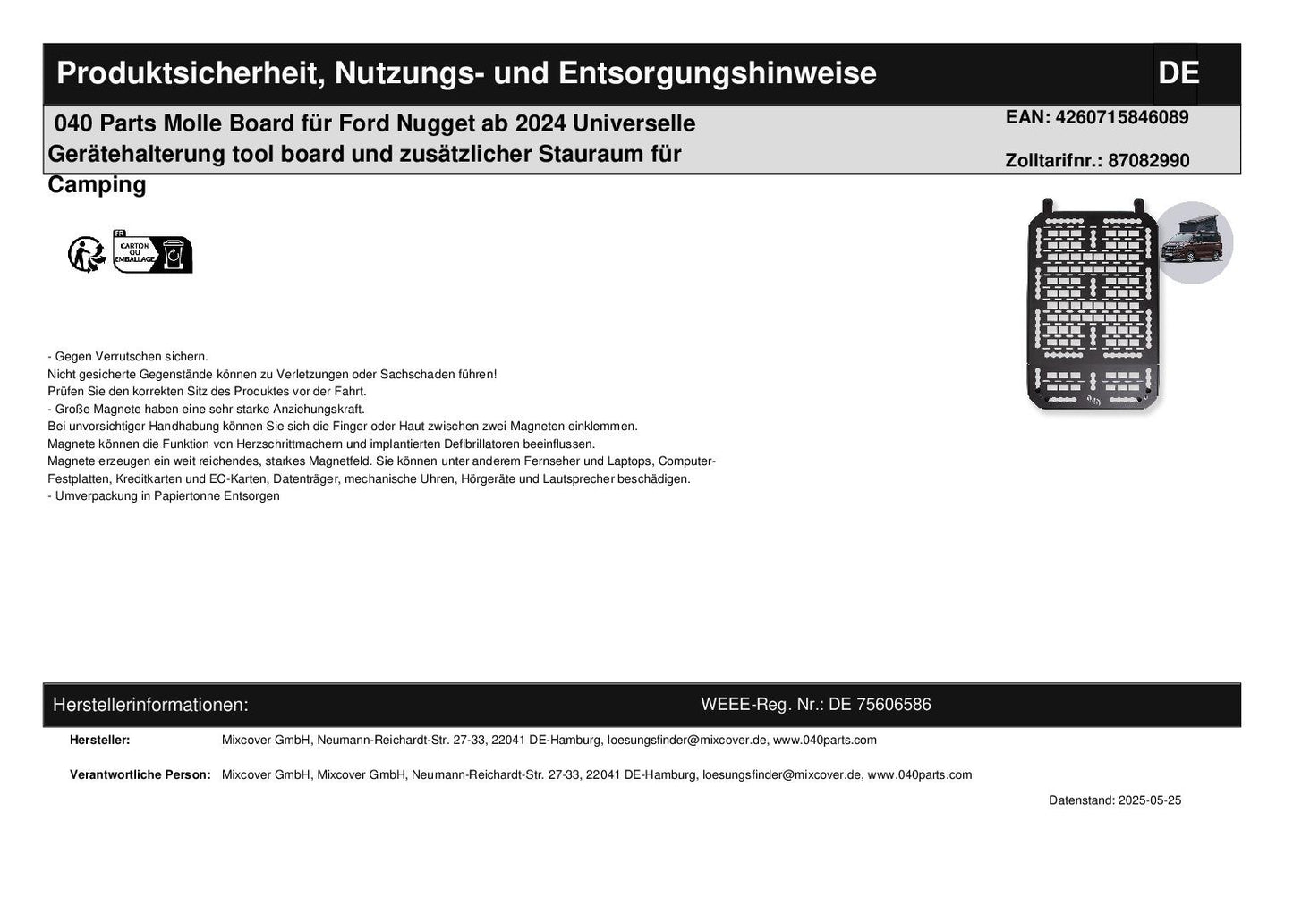 040 Parts Molle Board für Ford Nugget ab 2024 Universelle Gerätehalterung tool board und zusätzlicher Stauraum für Camping