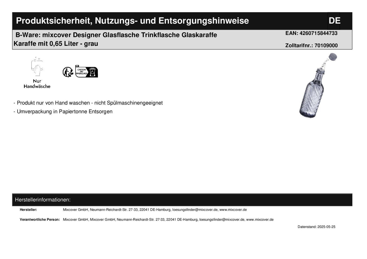 B-Ware: mixcover Designer Glasflasche Trinkflasche Glaskaraffe Karaffe mit 0,65 Liter - grau