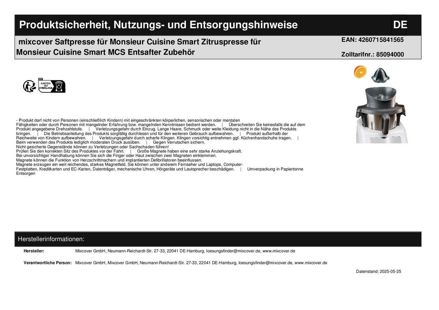 MixCover Juice Press voor Monsieur Cuisine Smart Accessories, Citrus Press Monsieur Cuisine Smart MCS, Juicer Accessories, Monsieur Cuisine Smart Accessories - Model: Monsieur Cuisine Smart FBM