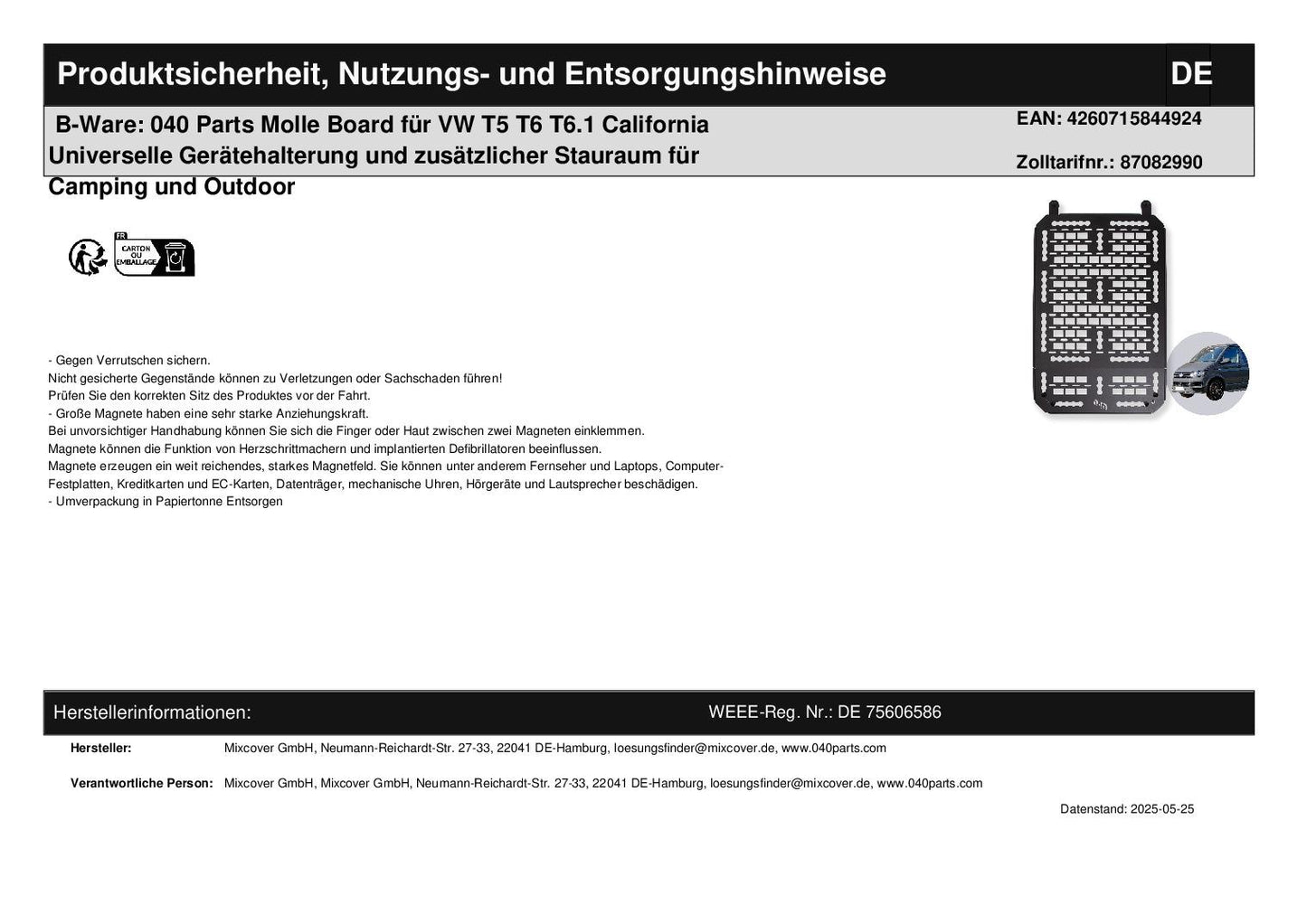 B-Ware: 040 Parts Molle Board für VW T5 T6 T6.1 California Universelle Gerätehalterung und zusätzlicher Stauraum für Camping und Outdoor