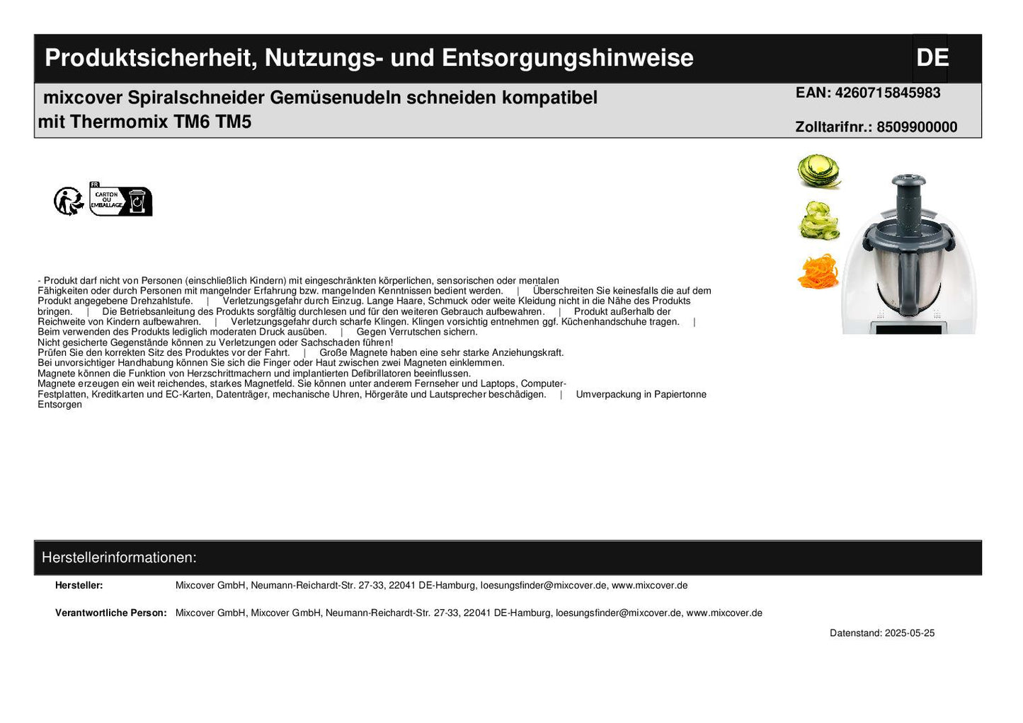 mixcover spiral cutter for cutting vegetable noodles compatible with Thermomix TM6 TM5