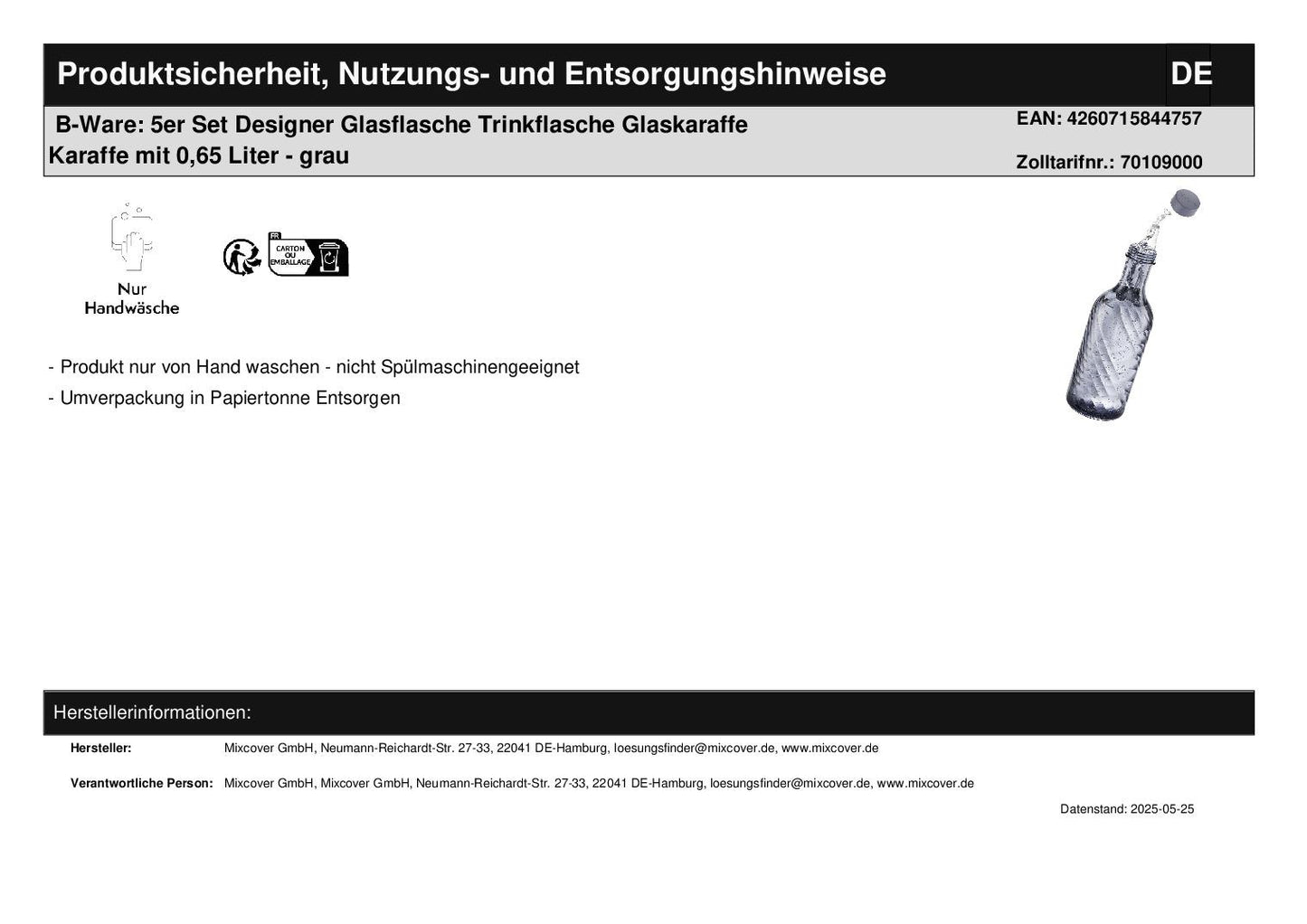 B-Ware: 5er Set Designer Glasflasche Trinkflasche Glaskaraffe Karaffe mit 0,65 Liter - grau