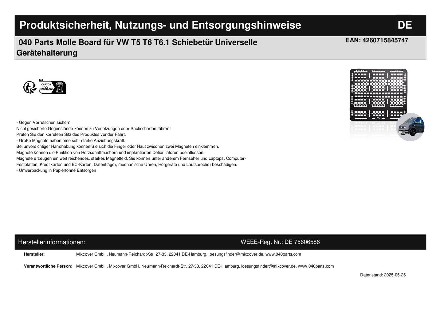 040 Parts Molle Board für VW T5 T6 T6.1 Schiebetür Universelle Gerätehalterung