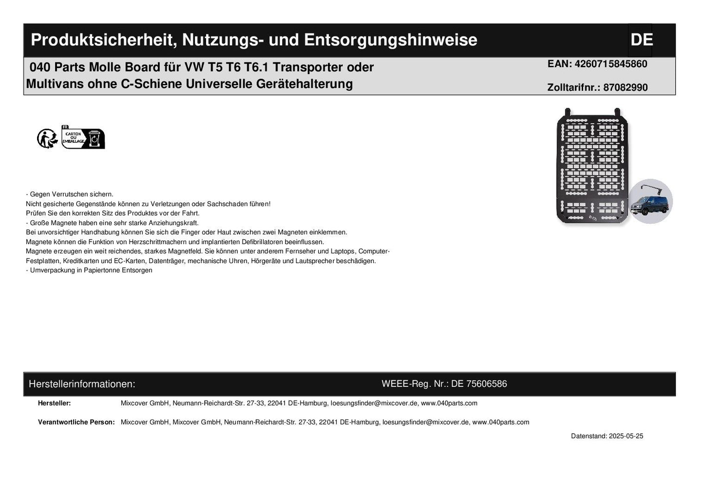 040 Parts Molle Board für VW T5 T6 T6.1 Transporter oder Multivans ohne C-Schiene Universelle Gerätehalterung