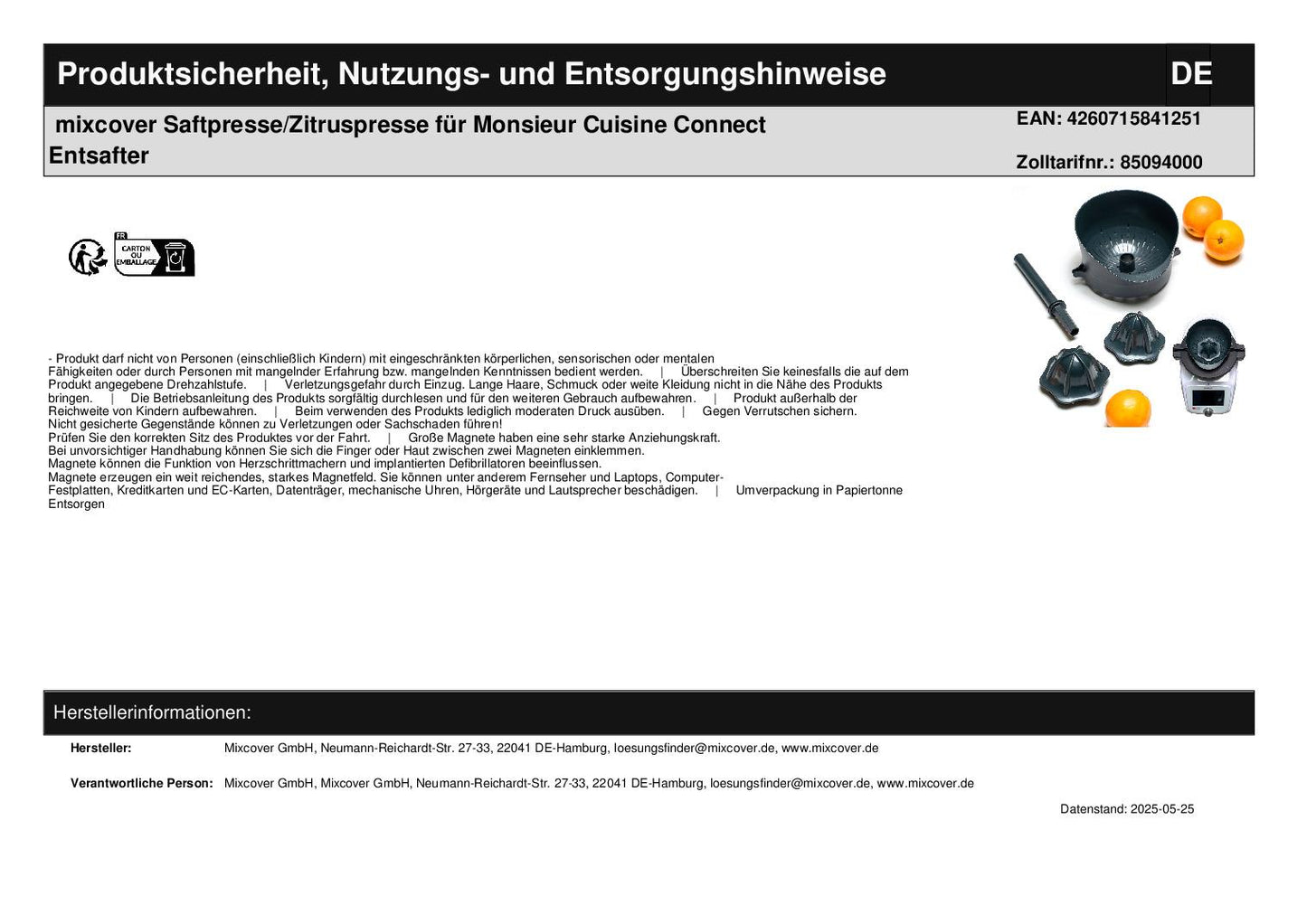 mixcover Juice Press / Citrus Press pour Monsieur Cuisine Connect Agracer