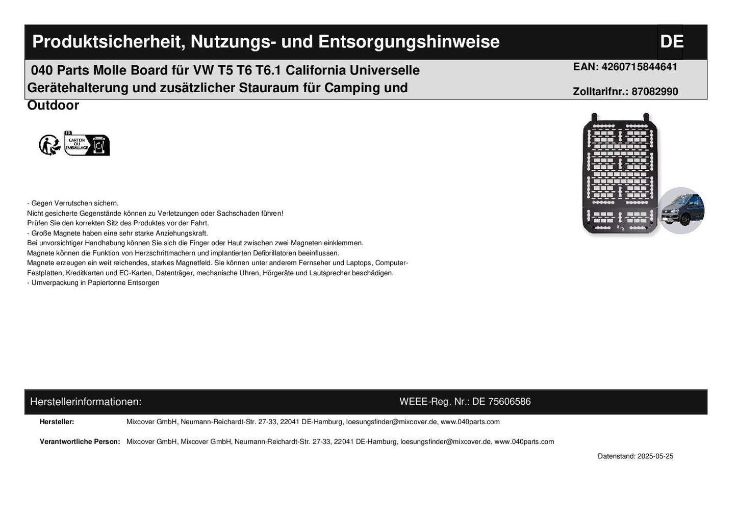 040 Parts Molle Board for VW T5 T6 T6.1 California Universal device holder and additional storage space for camping and outdoors