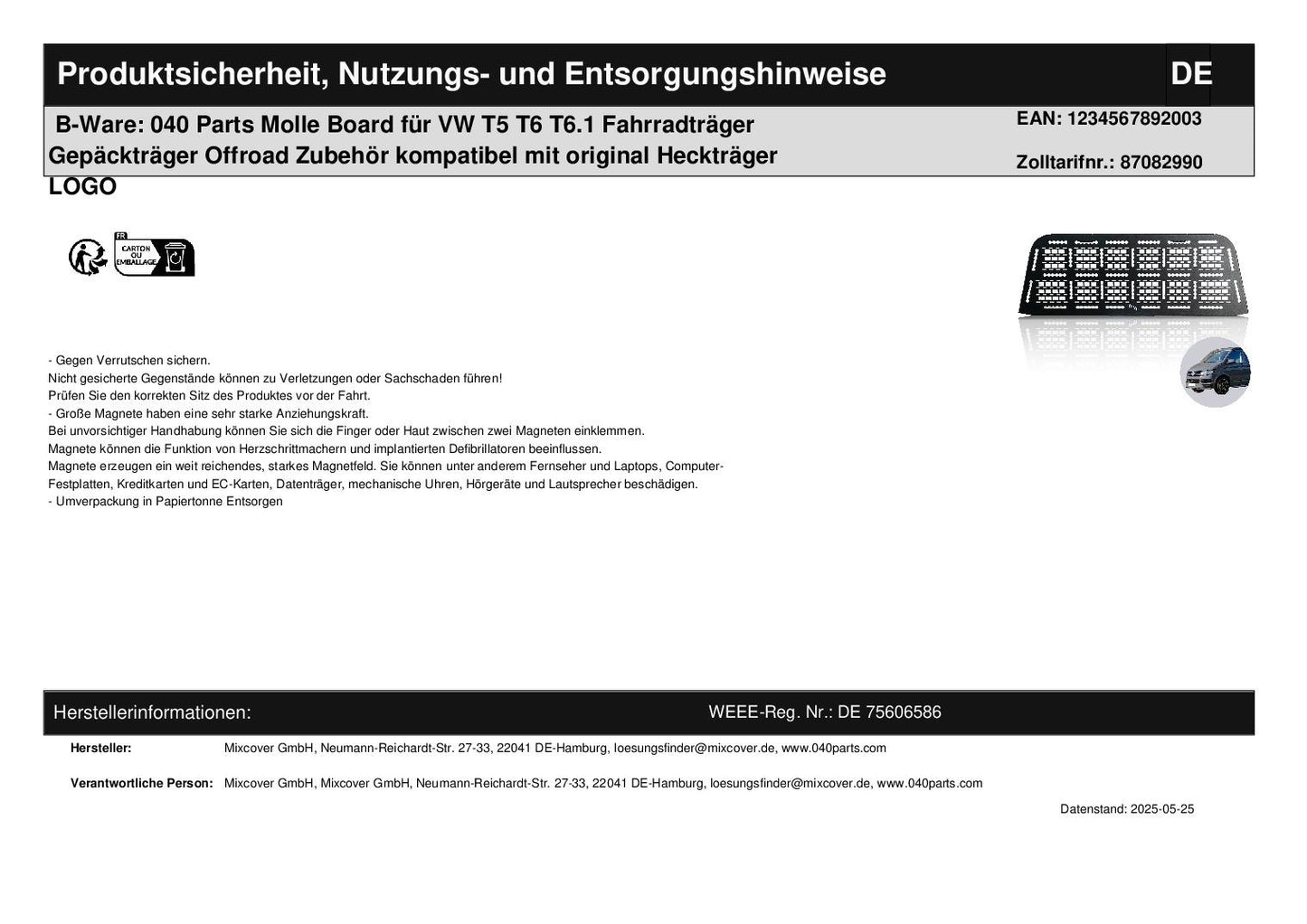 B-Ware: 040 Parts Molle Board für VW T5 T6 T6.1 Fahrradträger Gepäckträger Offroad Zubehör kompatibel mit original Heckträger LOGO