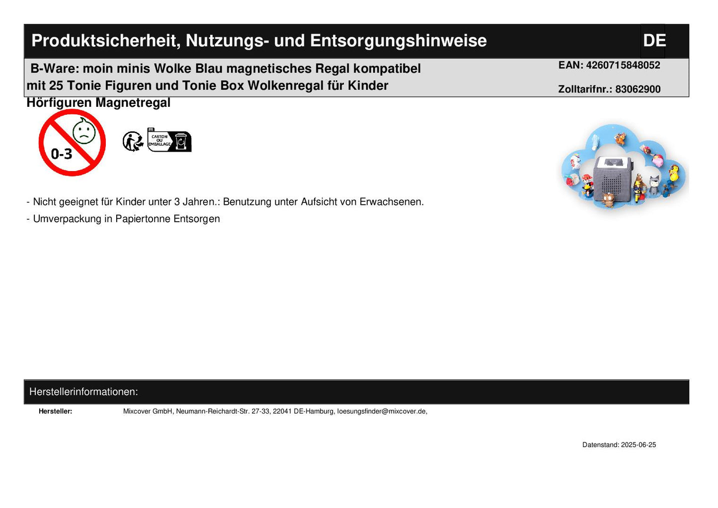 B-Ware: moin minis Wolke Blau magnetisches Regal kompatibel mit 25 Tonie Figuren und Tonie Box Wolkenregal für Kinder Hörfiguren Magnetregal