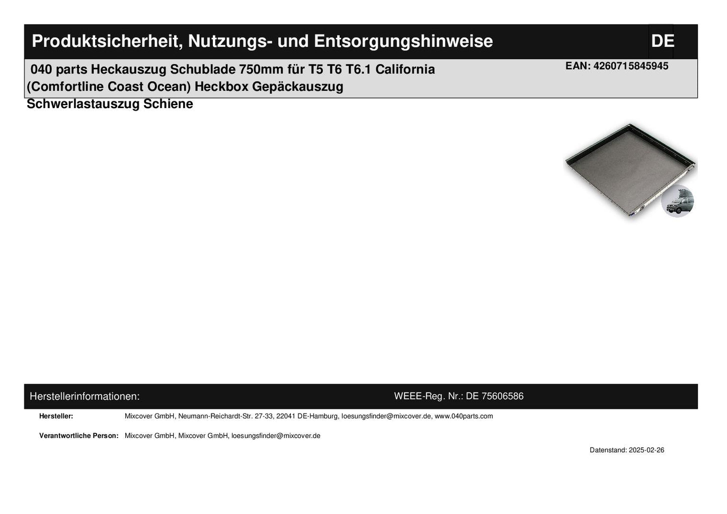 B-Ware: 040 parts classic Heckauszug Schublade 750mm für T5 T6 T6.1 California (Comfortline Coast Ocean) Heckbox Gepäckauszug Schwerlastauszug Schie