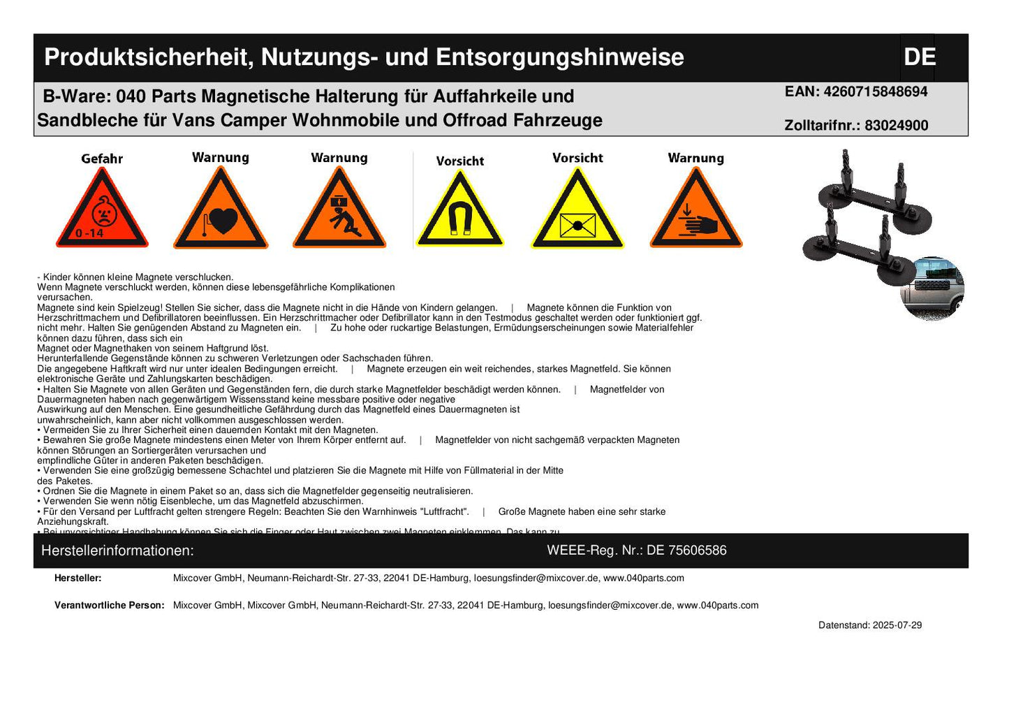 B-Ware: 040 Parts Magnetische Halterung für Auffahrkeile und Sandbleche für Vans Camper Wohnmobile und Offroad Fahrzeuge