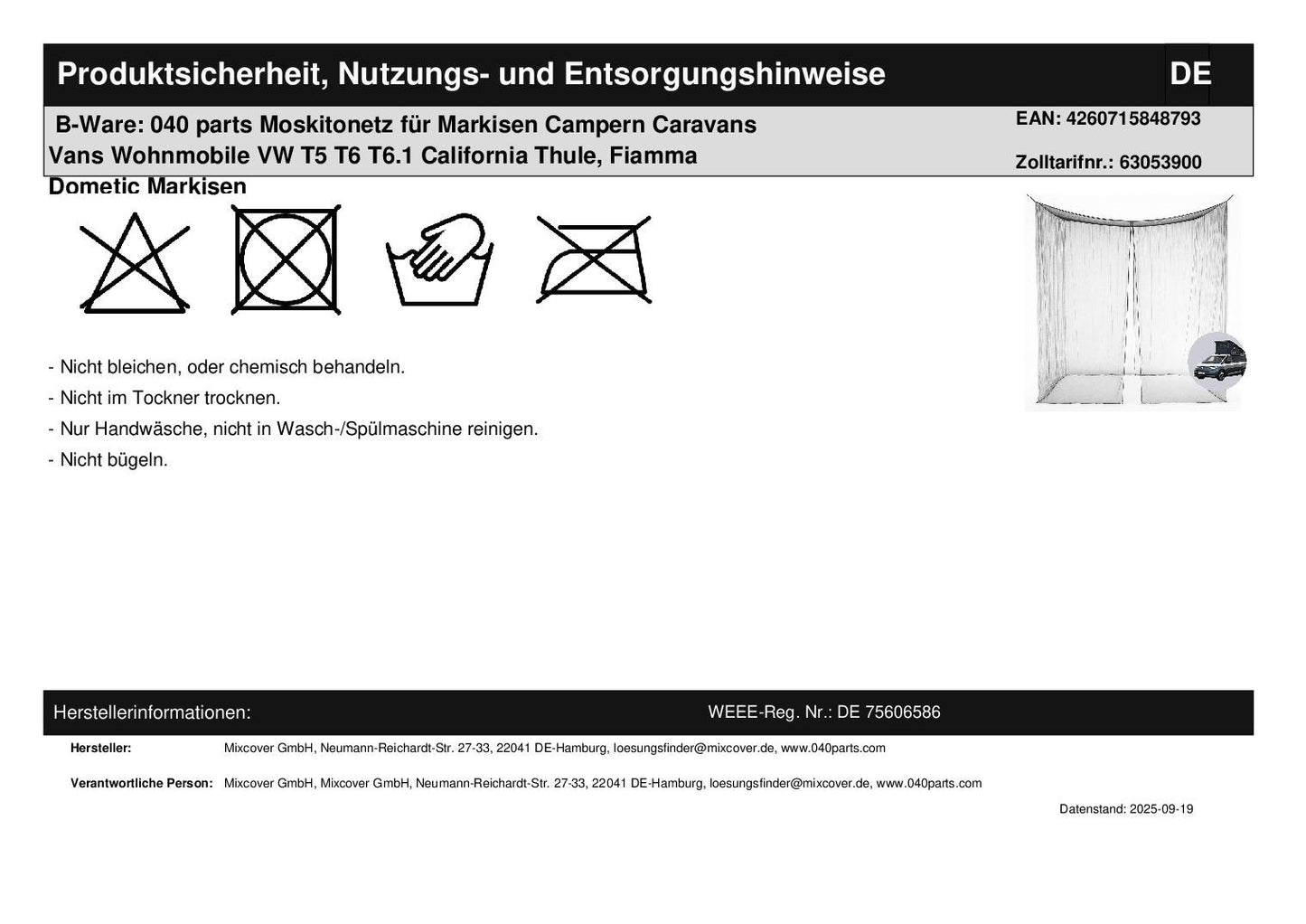 B-Ware: 040 parts Moskitonetz für Markisen Campern Caravans Vans Wohnmobile VW T5 T6 T6.1 California Thule, Fiamma Dometic Markisen