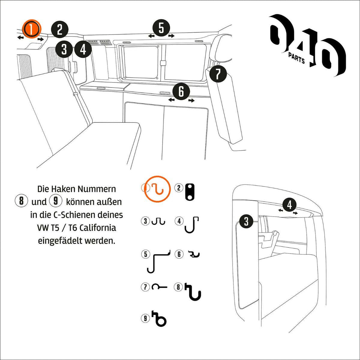 040 Parts Einzelhaken Nr. 1 für VW California T5 T6 T6.1 T7 Camper - Ersatzhaken Zubehör Handtuch Dachschrank ohne Bohren