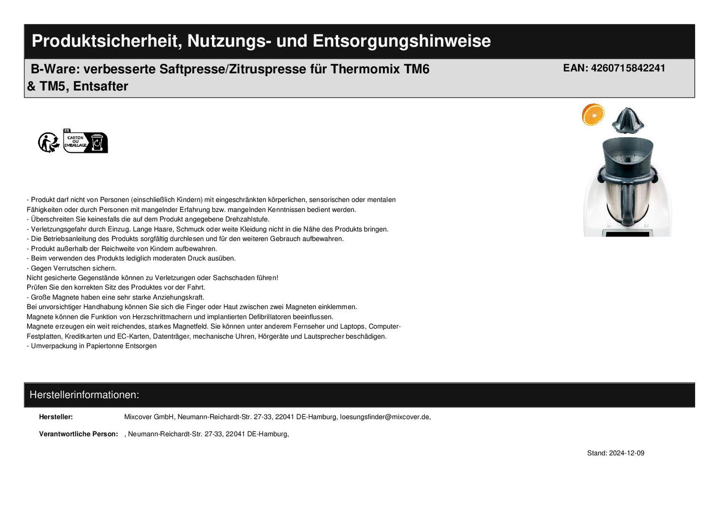 B-Ware: verbeterde citruspers/sapcentrifuge voor Thermomix TM6 & TM5, sap maker