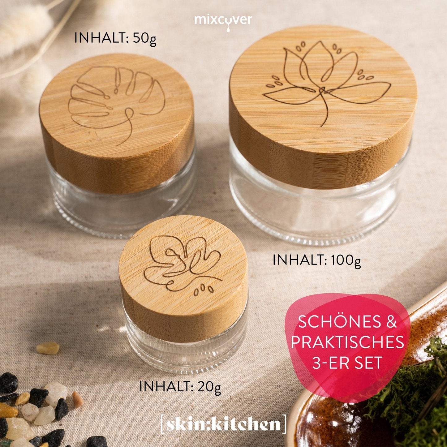 skin:kitchen Pot en verre avec couvercle en bambou & gravure pour cosmétiques faits maison Ensemble de 3 pots 20, 50 & 100g Transparent