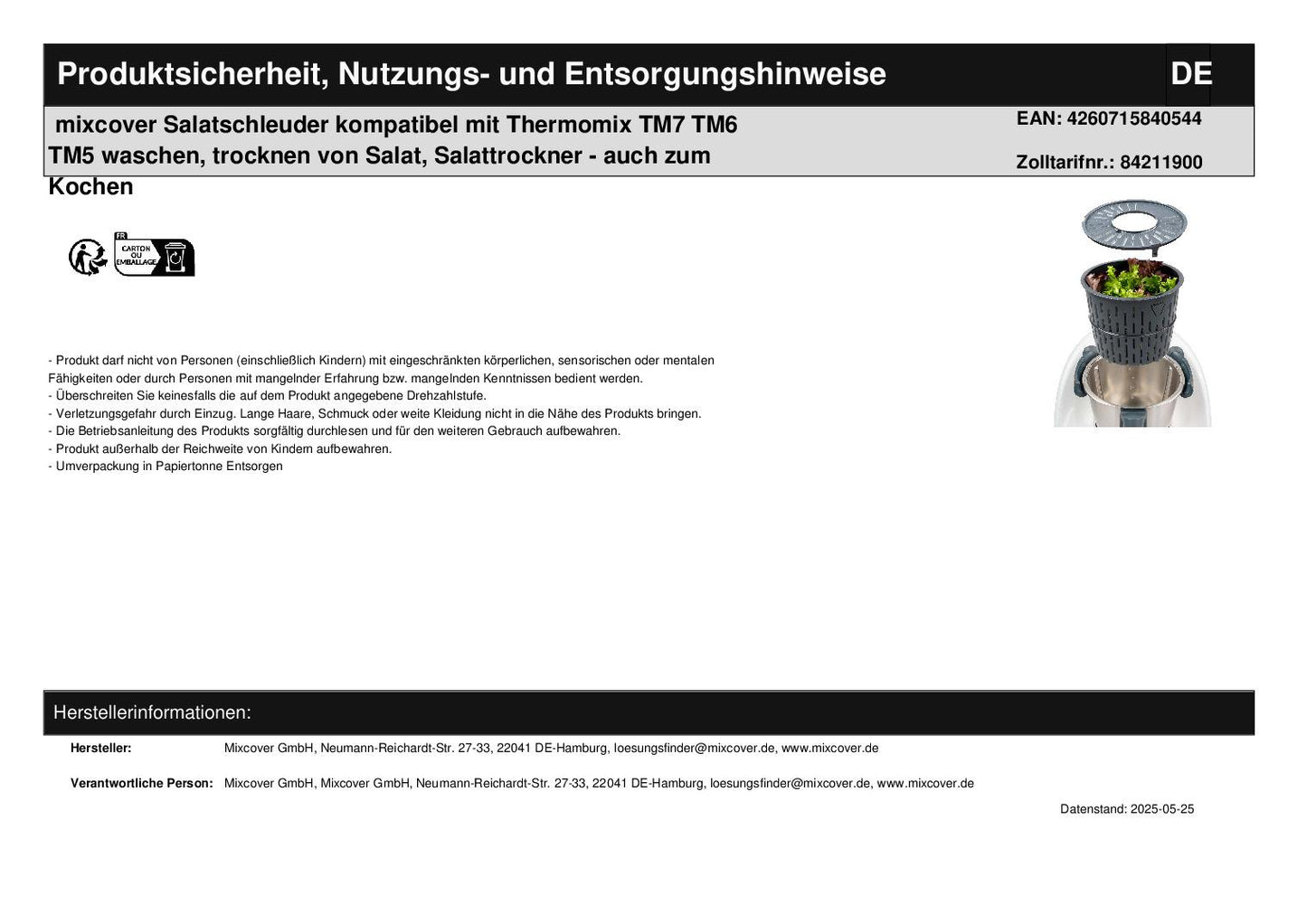 mixcover Salatschleuder kompatibel mit Thermomix TM7 TM6 TM5 waschen, trocknen von Salat - Lieferumfang | Mixcover