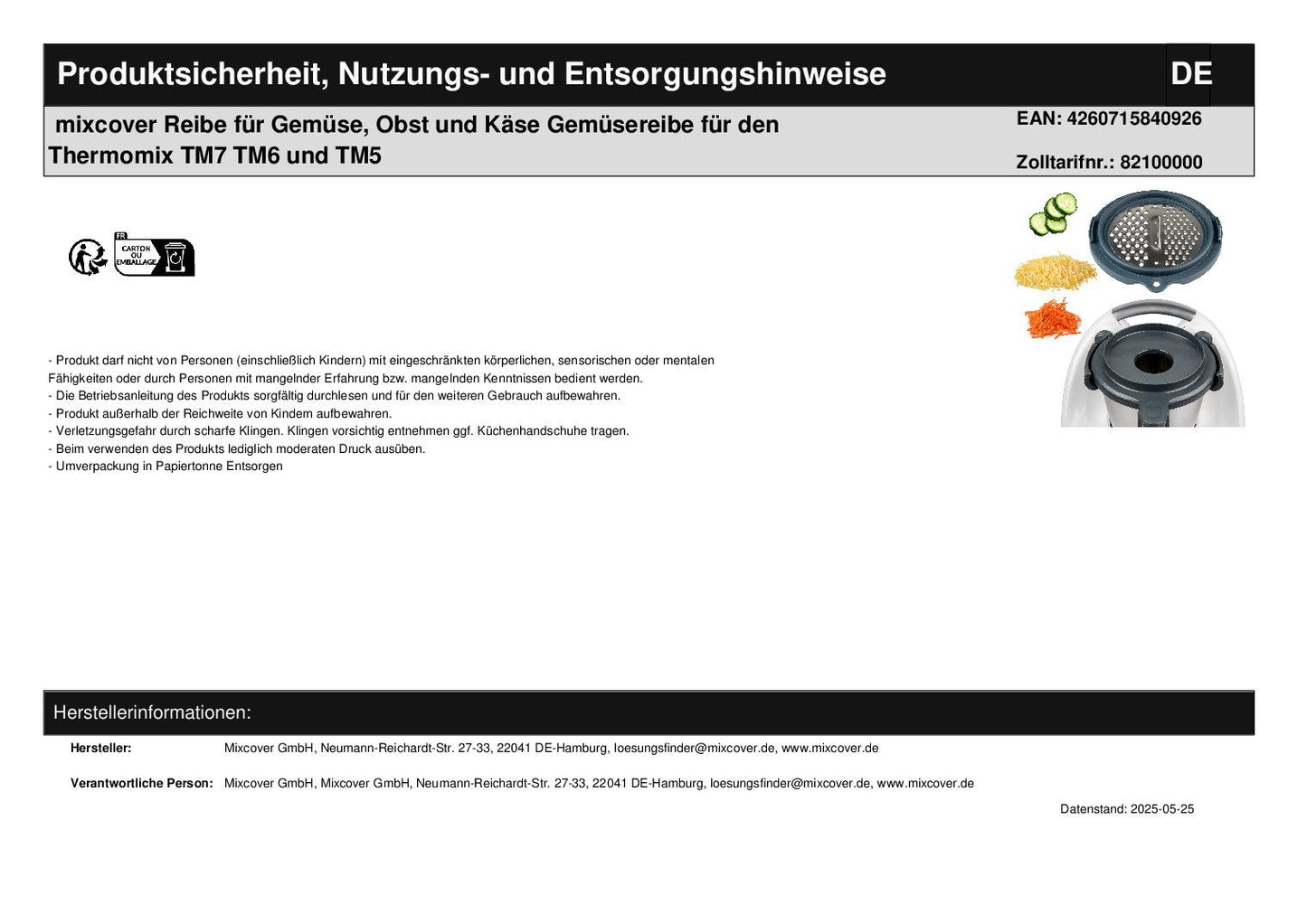 mixcover Reibe für Gemüse, Obst und Käse Gemüsereibe für den Thermomix TM6 und TM5 - Lieferumfang | Mixcover