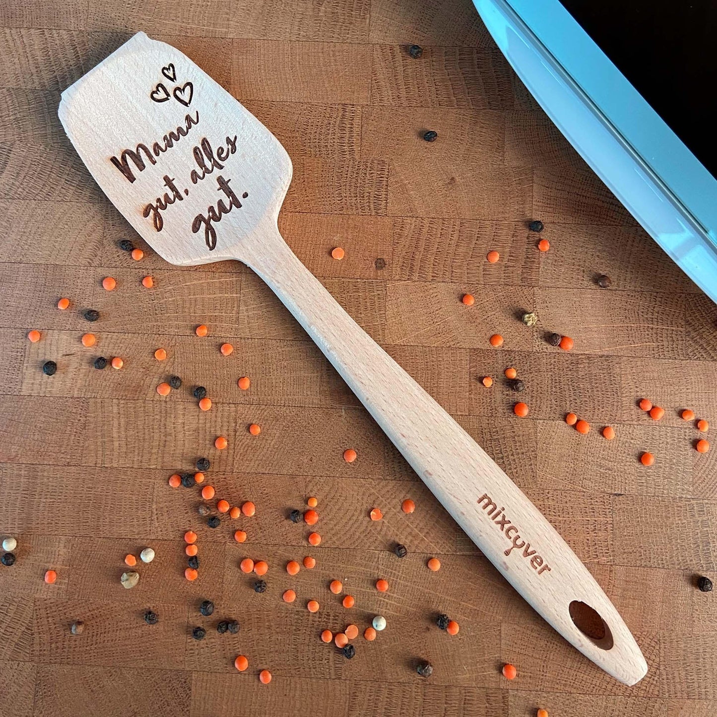 mixcover Spatule en Bois Durable pour Thermomix TM6 TM5 TM31 Spatule Tournante avec Gravure - Style: Maman heureux. Tout va bien.