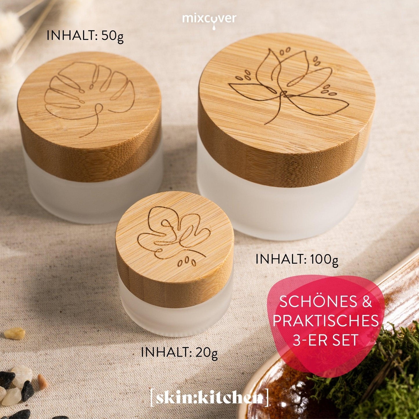 skin:kitchen Glastiegel mit Bambusdeckel & Gravur für selbstgemachte Kosmetik 3er Set 20, 50 & 100g Frosted
