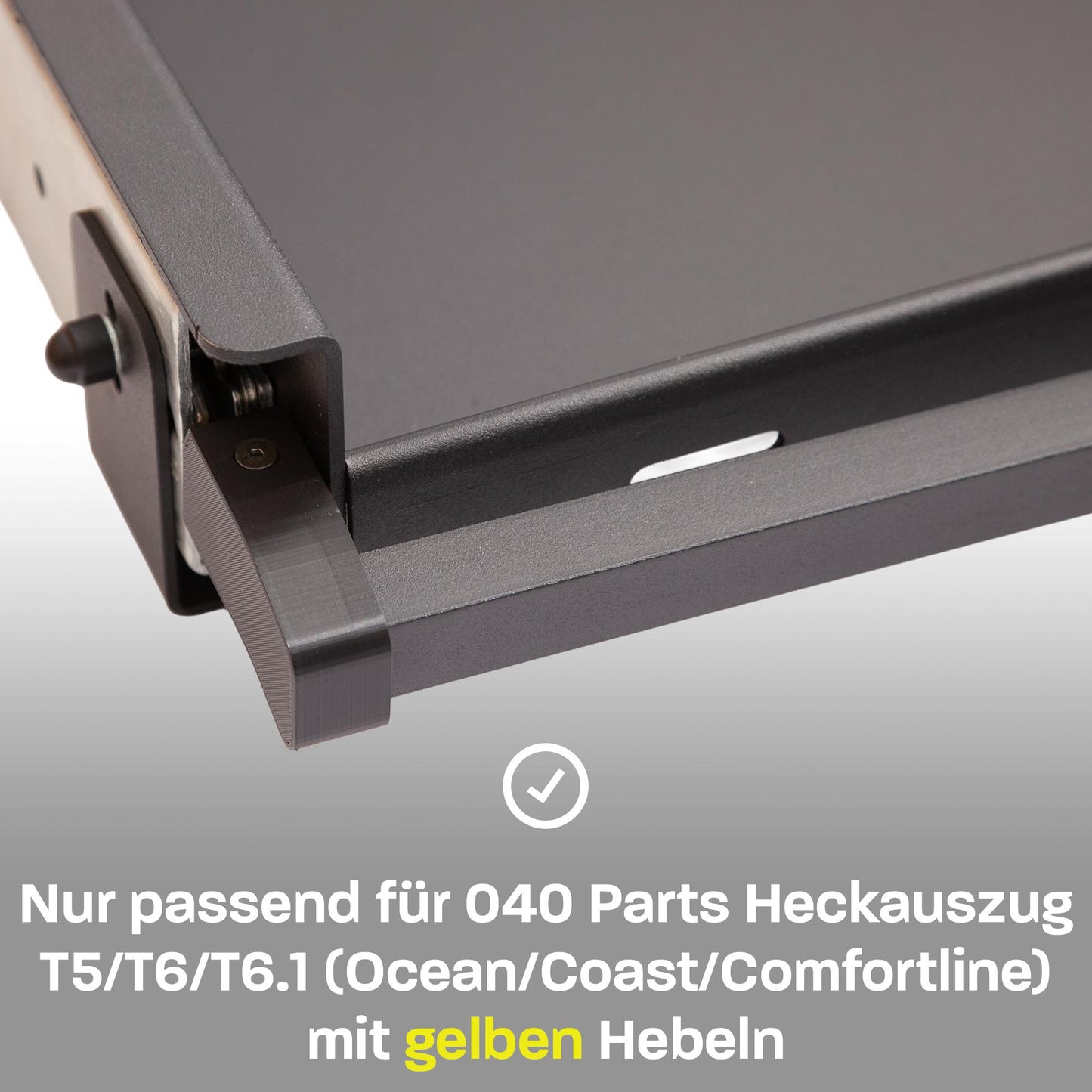 040 Parts Einhandverriegelung für Heckauszüge von 040 Parts Version für VW T5 T6 T6.1 Comfortline, Ocean, Coast mit gelbem Hebel