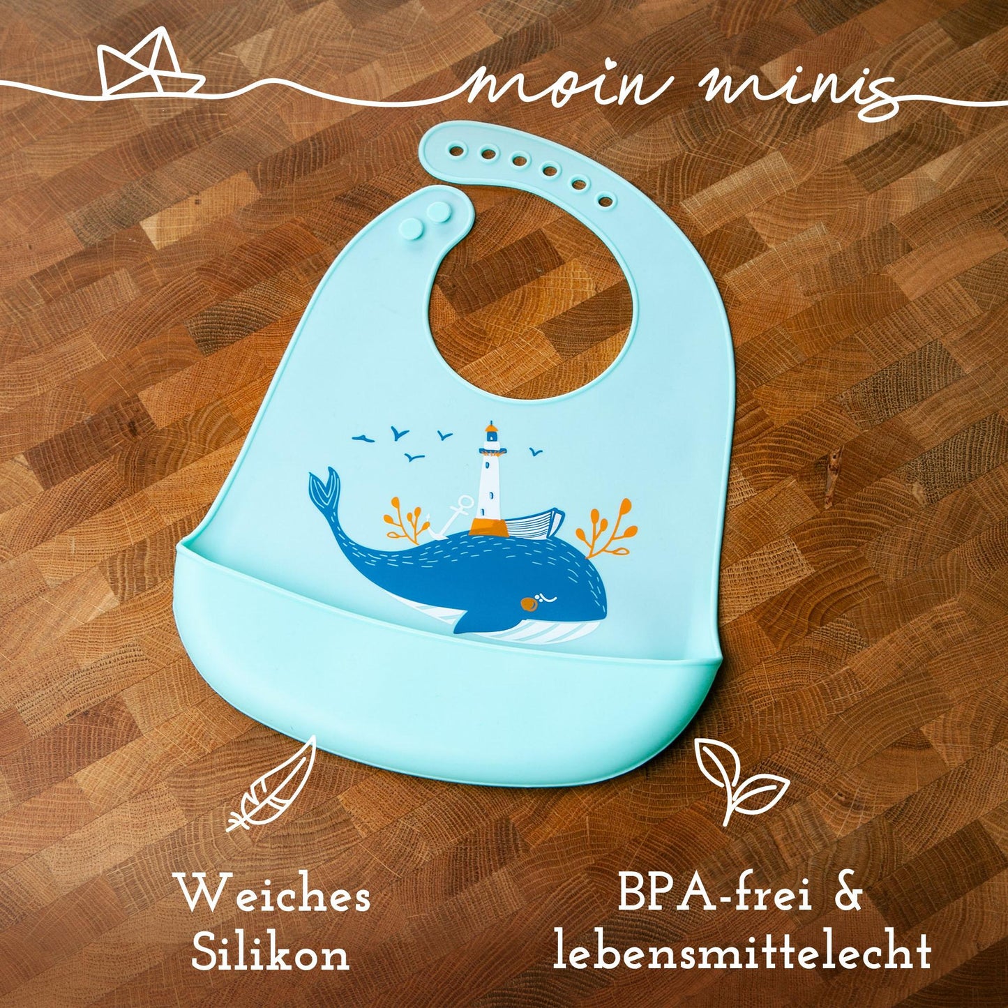 moin minis Baby Kleinkinder Silikon-Lätzchen mit Auffangschale Wal Motiv - einfach zu reinigen wasserdicht weiches Material größenverstellbar BPA-frei