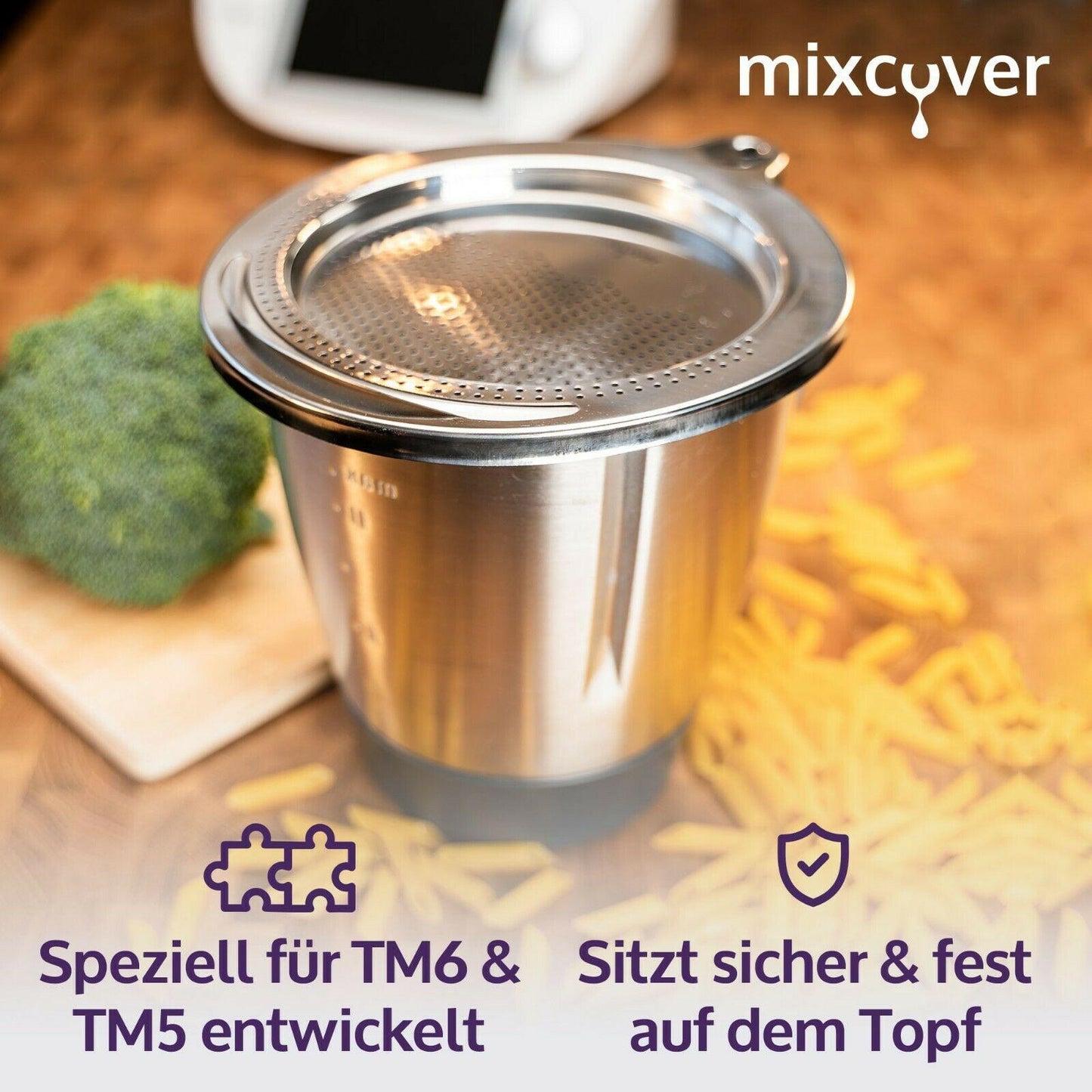 B-Ware: mixcover Edelstahl Sieb Abgieß-Hilfe Thermomix TM6 und TM5, Nudeln uvm. abgießen - Mixcover - Mixcover
