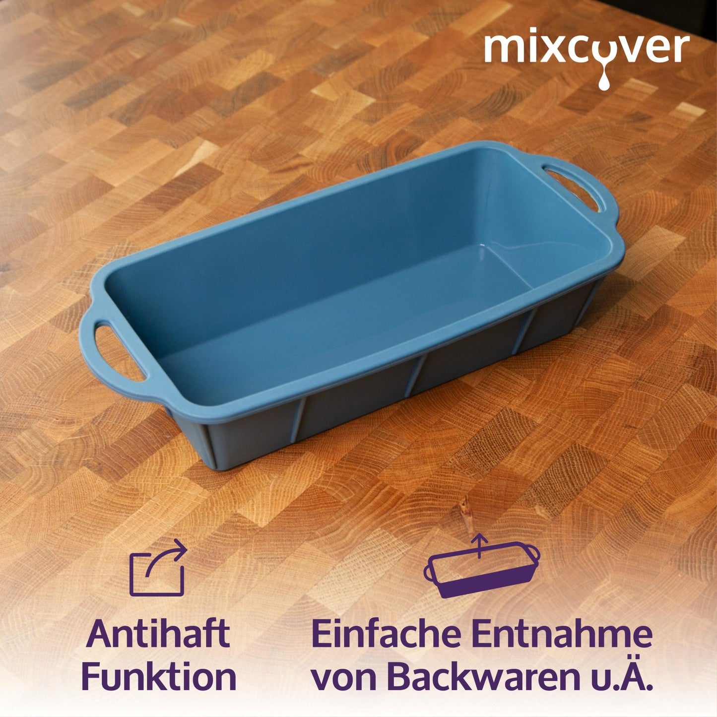 mixcover Silikon Backform Kastenform Backform Kuchenform Brotbackform Königskuchenform mit Anihaftbeschichtung, Länge ca. 30,5 cm, glatt, blau - Mixcover - Mixcover