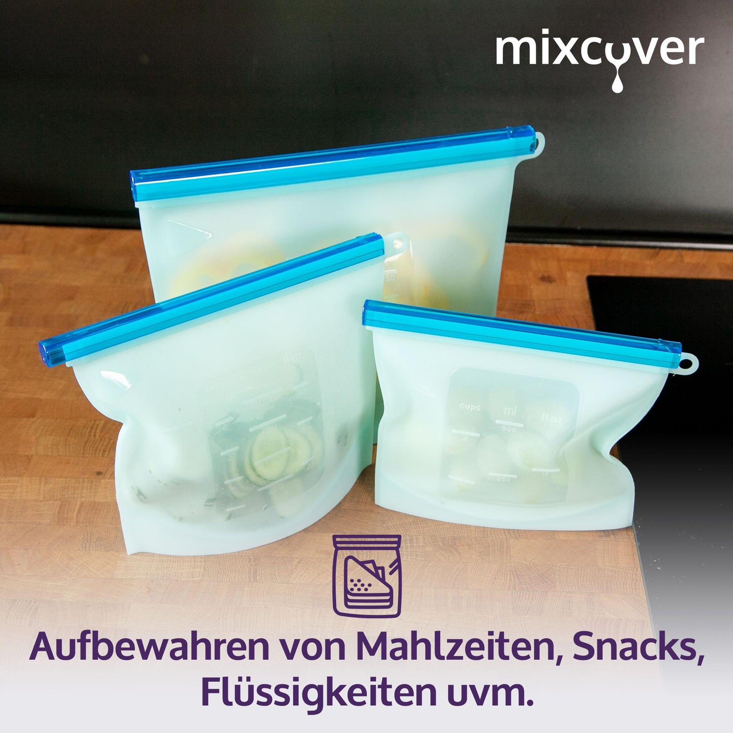 mixcover wiederverwendbarer Frischhaltebeutel aus Silikon mit Verschluss, auslaufsicher, nachhaltig, BPA-frei, 1500 ml - Mixcover - Mixcover