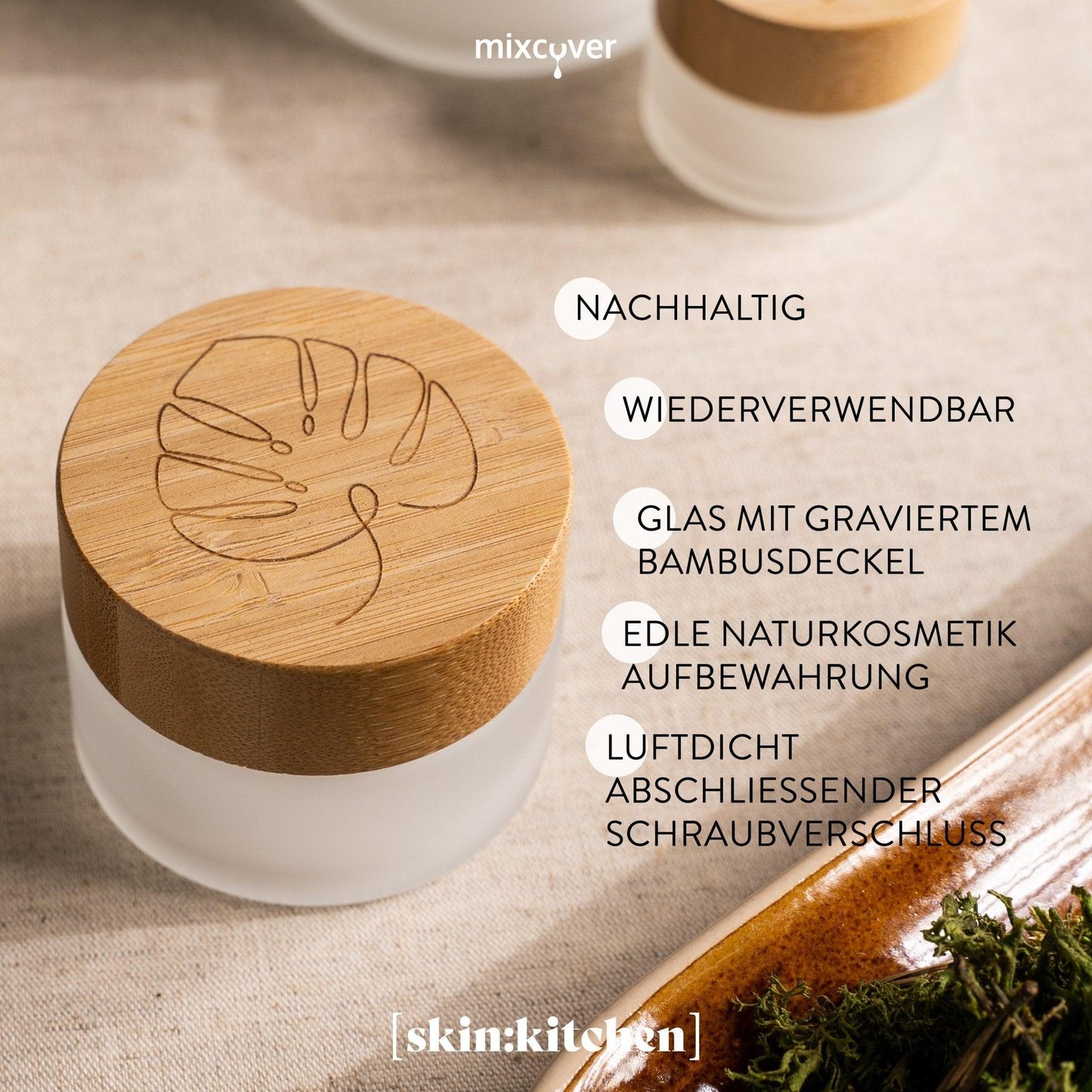 skinkitchen Glastiegel mit Bambusdeckel & Gravur für selbstgemachte Kosmetik 3er Set 20, 50 & 100g "Frosted" - Mixcover - skin:kitchen