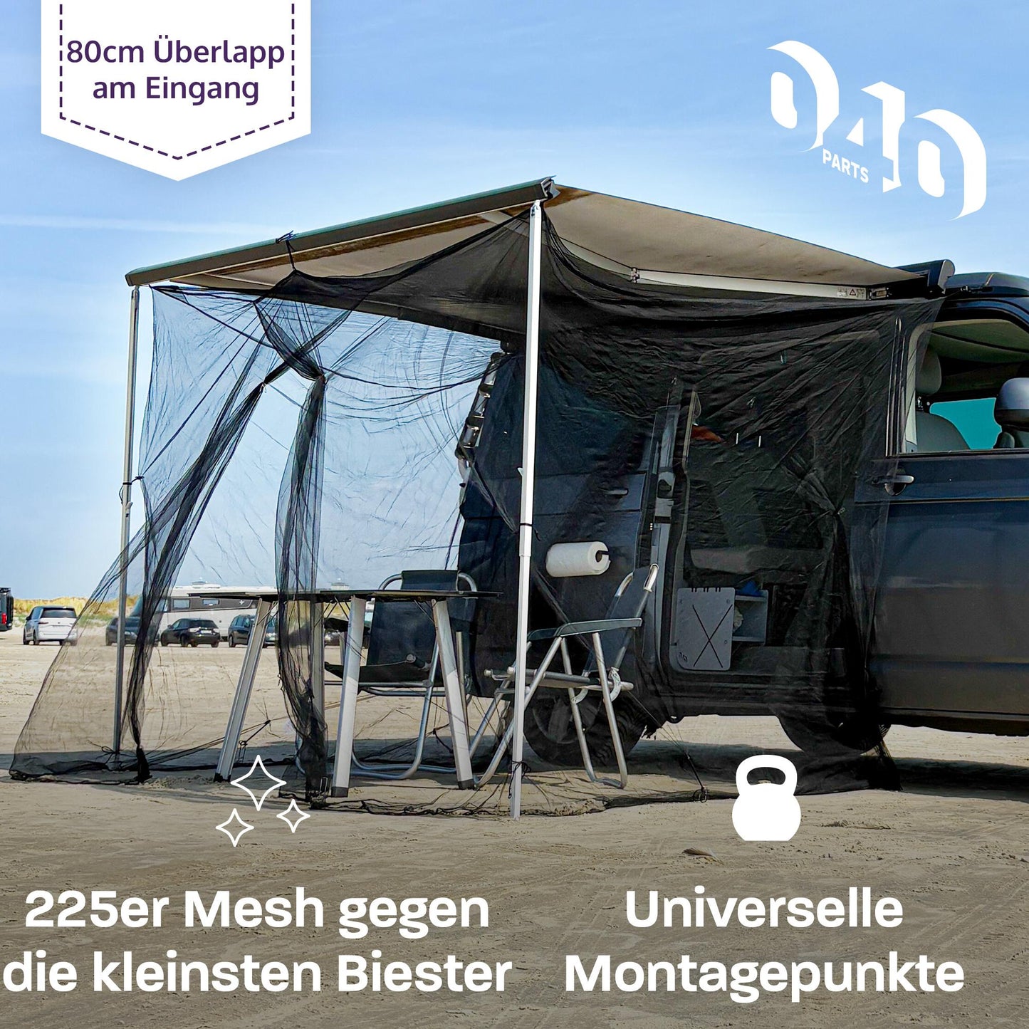 040 parts Moskitonetz für Markisen bei Campern Caravans Vans Wohnmobile und für den VW T5 T6 T6.1 California mit Thule, Fiamma oder Dometic Markisen