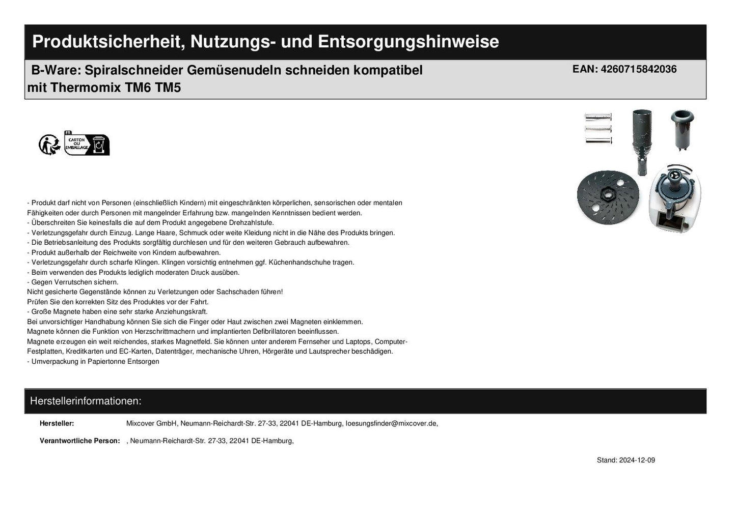 B-Ware: Spiralschneider Gemüsenudeln schneiden kompatibel mit Thermomix TM6 TM5 - Lieferumfang | Mixcover