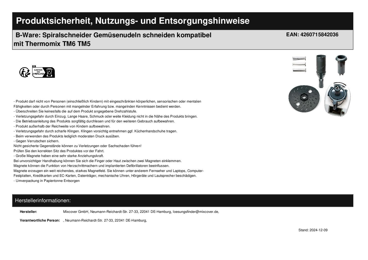 B-Ware: Spiralschneider Gemüsenudeln schneiden kompatibel mit Thermomix TM6 TM5 - Lieferumfang | Mixcover