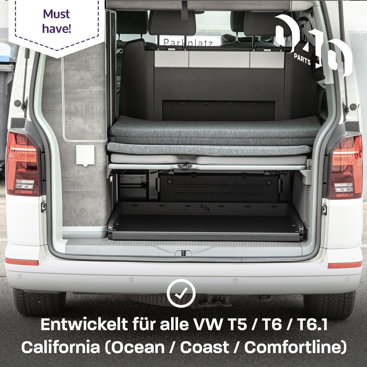 040 parts Einhand Heckauszug Schublade 700mm für T5 T6 T6.1 California (Comfortline Coast Ocean) Heckbox Gepäckauszug Schwerlastauszug Schiene