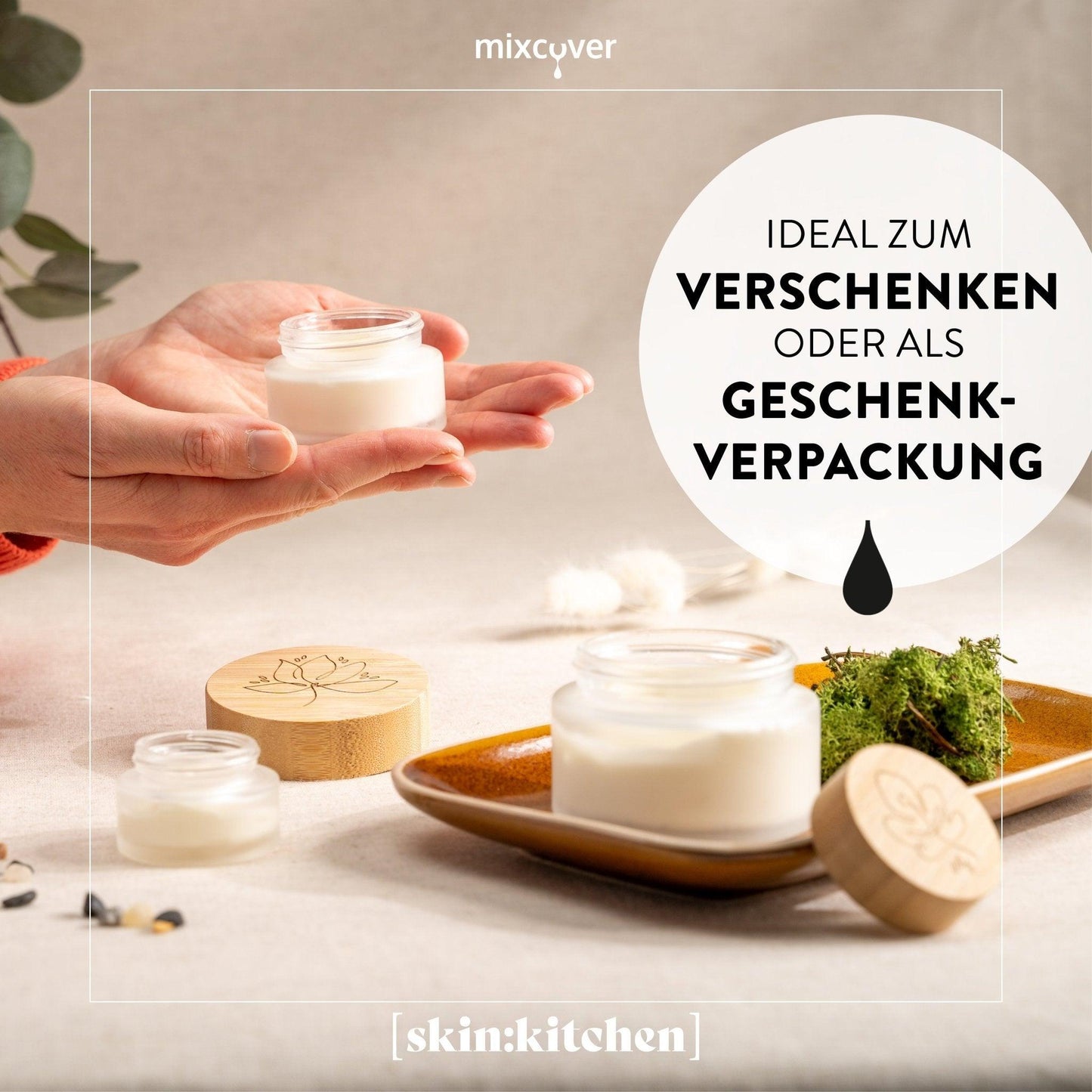 skin:kitchen Glastiegel mit Bambusdeckel & Gravur für selbstgemachte Kosmetik 3er Set 20, 50 & 100g Frosted