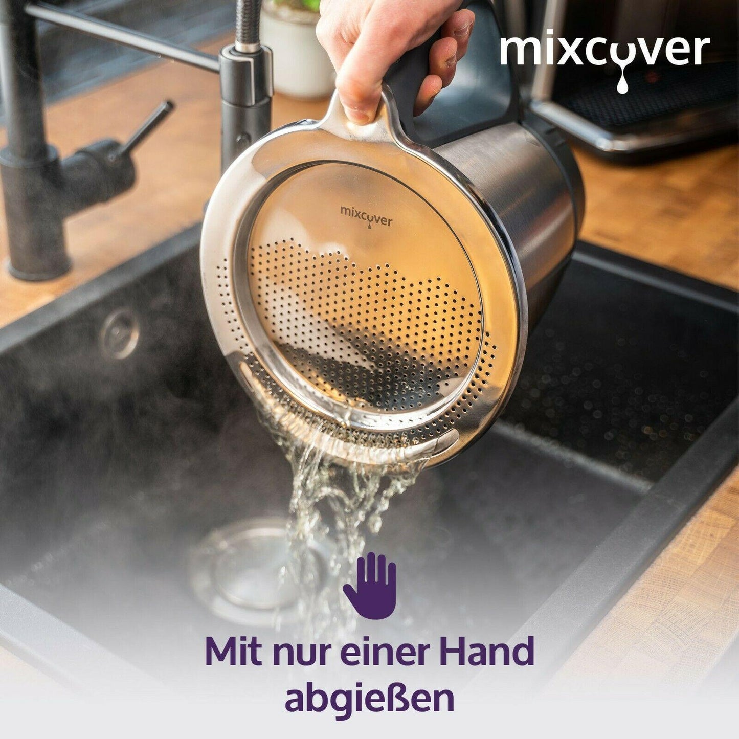 B-Ware: mixcover Edelstahl Sieb Abgieß-Hilfe Thermomix TM6 und TM5, Nudeln uvm. abgießen - Ansicht 5 | Mixcover
