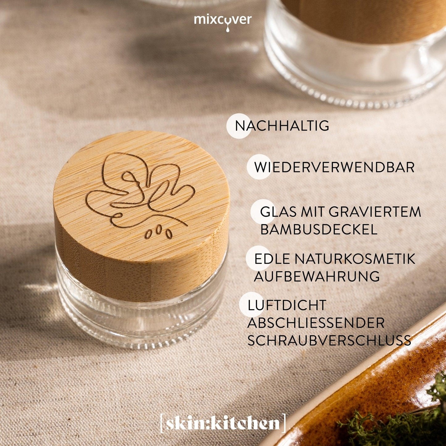 skin:kitchen Glastiegel mit Bambusdeckel & Gravur für selbstgemachte Kosmetik 3er Set 20g Klar