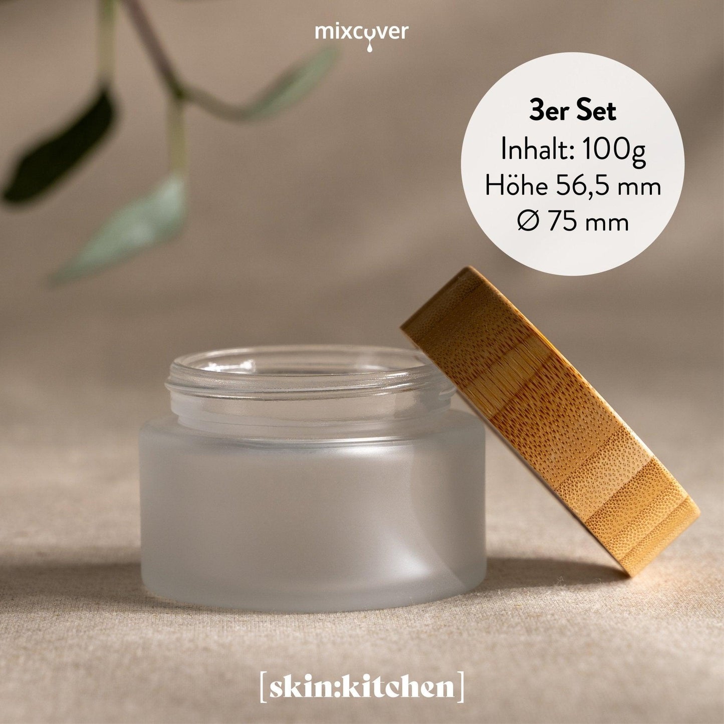 skin:kitchen Glastiegel mit Bambusdeckel & Gravur für selbstgemachte Kosmetik 3er Set 100g Frosted