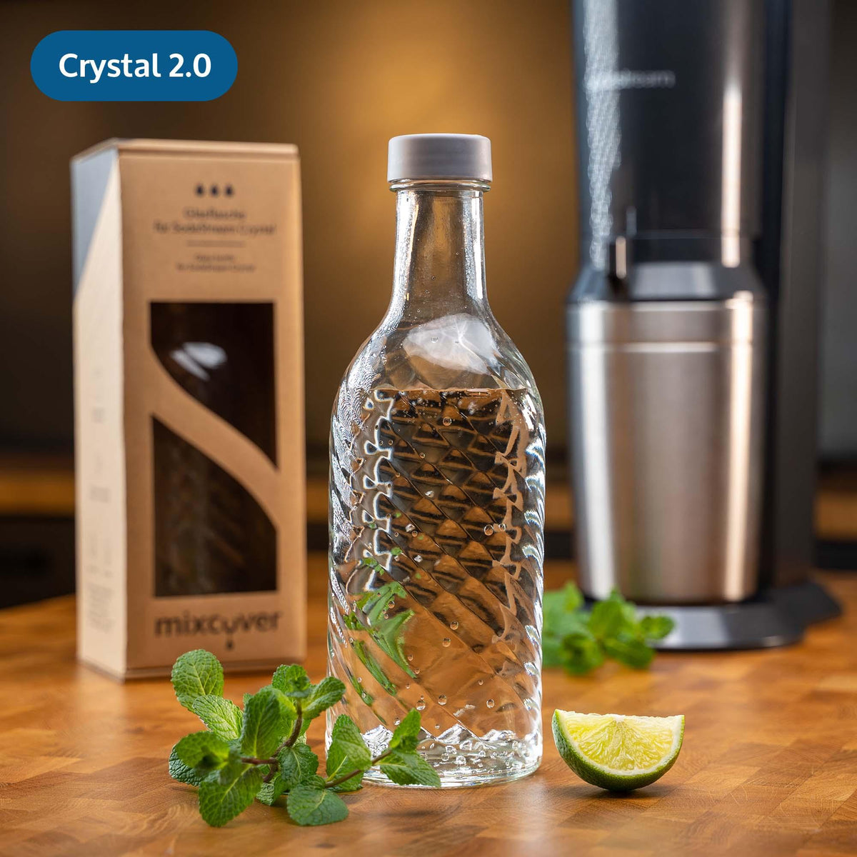 mixcover Glasflasche kompatibel mit SodaStream Crystal 2.0 mit 10% mehr Volumen Transparent