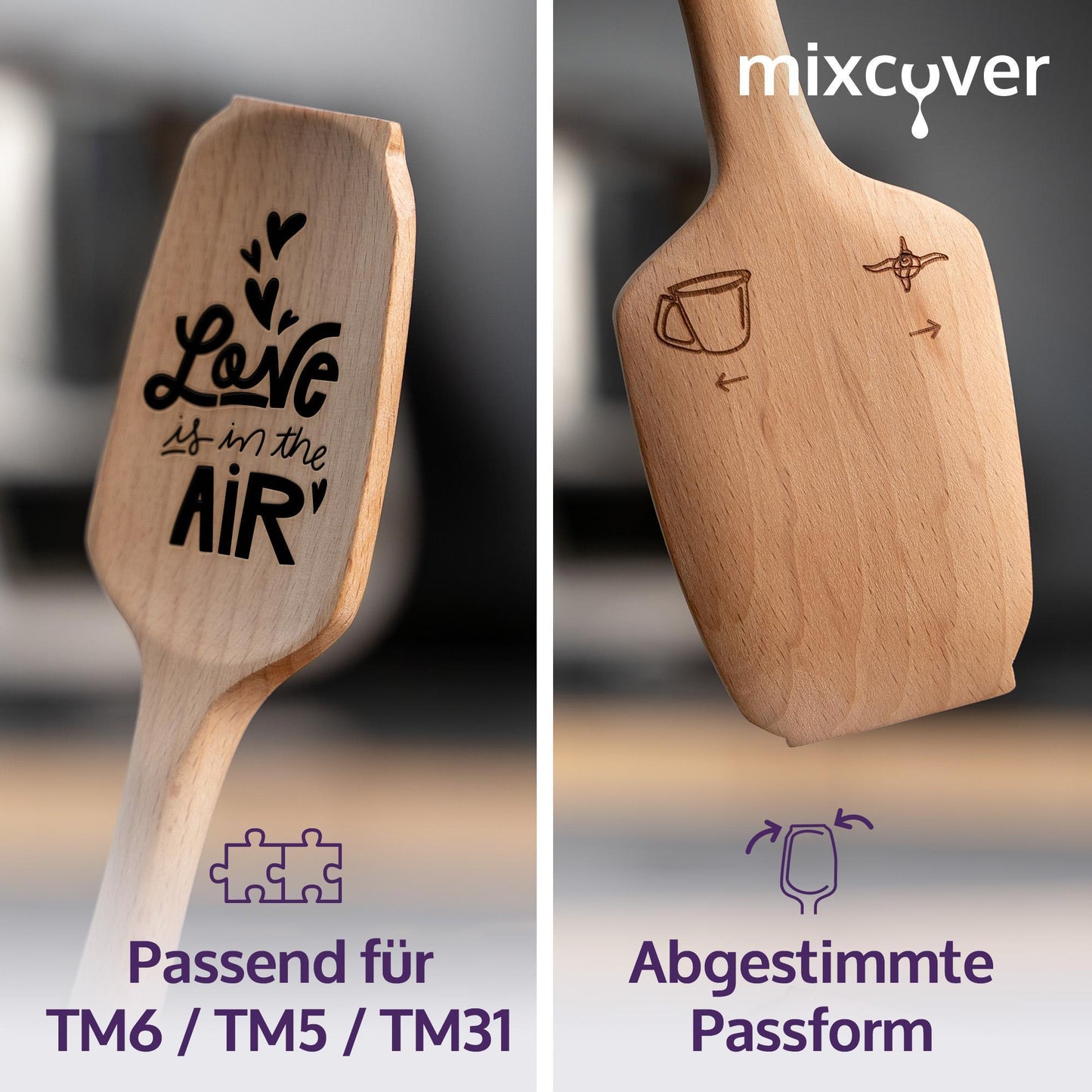 mixcover Sustainable Wooden Spatula for Thermomix TM7 TM6 TM5 TM31 Valentine's Day Rotating Whisk Spatula with Engraving Love is in the air
