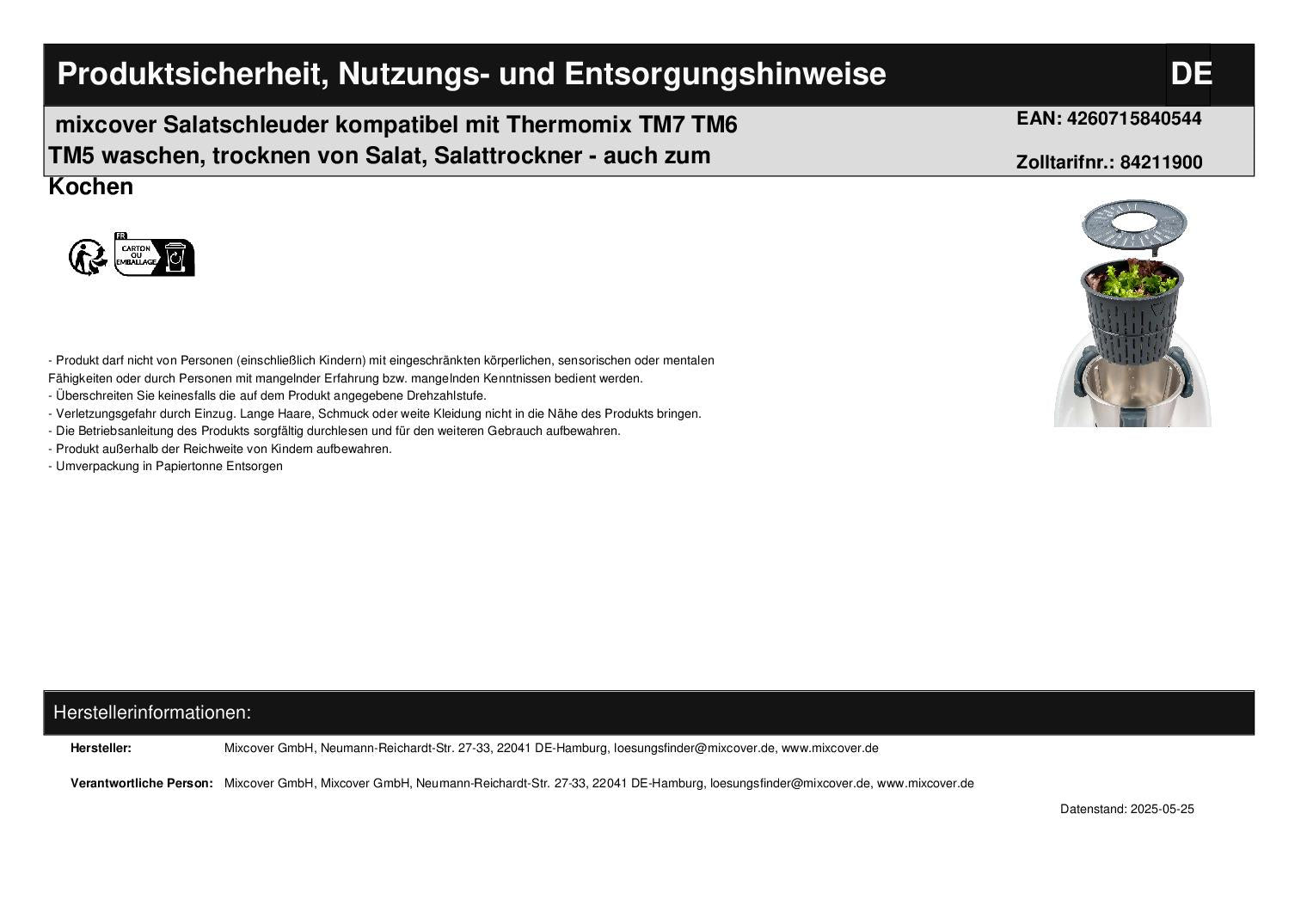 mixcover Salatschleuder kompatibel mit Thermomix TM7 TM6 TM5 waschen, trocknen von Salat - Lieferumfang | Mixcover