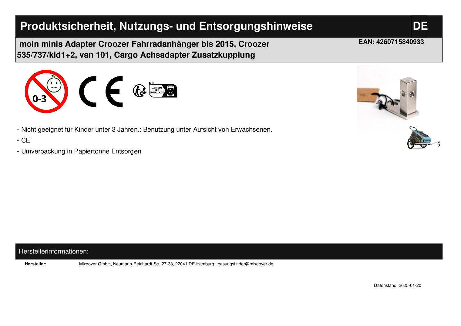 croozer fahrradanhänger achsadapter moin minis Adapter Croozer Fahrradanhänger bis 2015, Croozer 535/737/kid1+2, van 101, Cargo Achsadapter Zusatzkupplung
