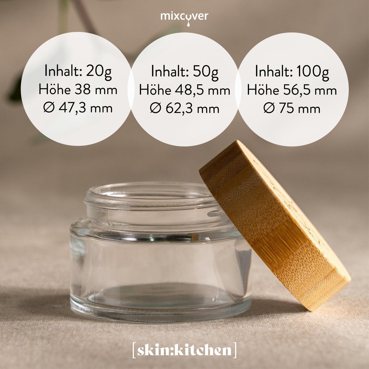 skin:kitchen Pot en verre avec couvercle en bambou & gravure pour cosmétiques faits maison Ensemble de 3 pots 20, 50 & 100g Transparent