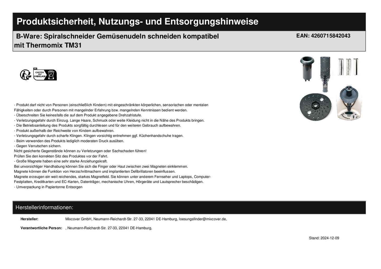 B-Ware: Spiralschneider Gemüsenudeln schneiden kompatibel mit Thermomix TM31