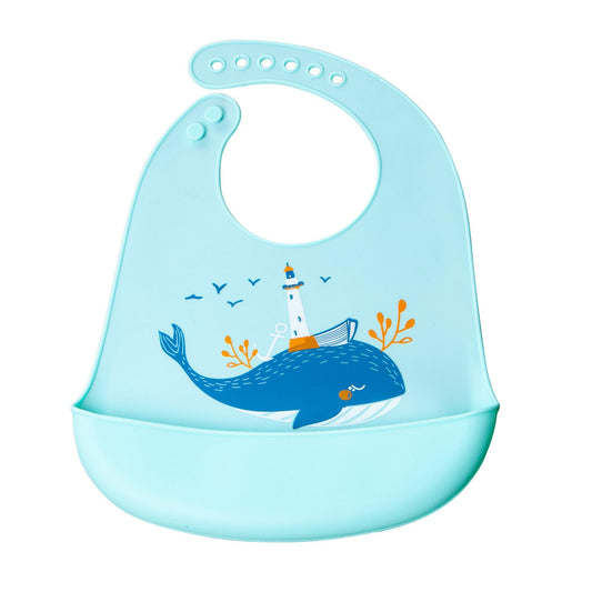 moin minis Baby Toddler Silicone Bib with Catch Tray Whale Design - Easy to Clean Waterproof Soft Material Adjustable Size BPA-Free