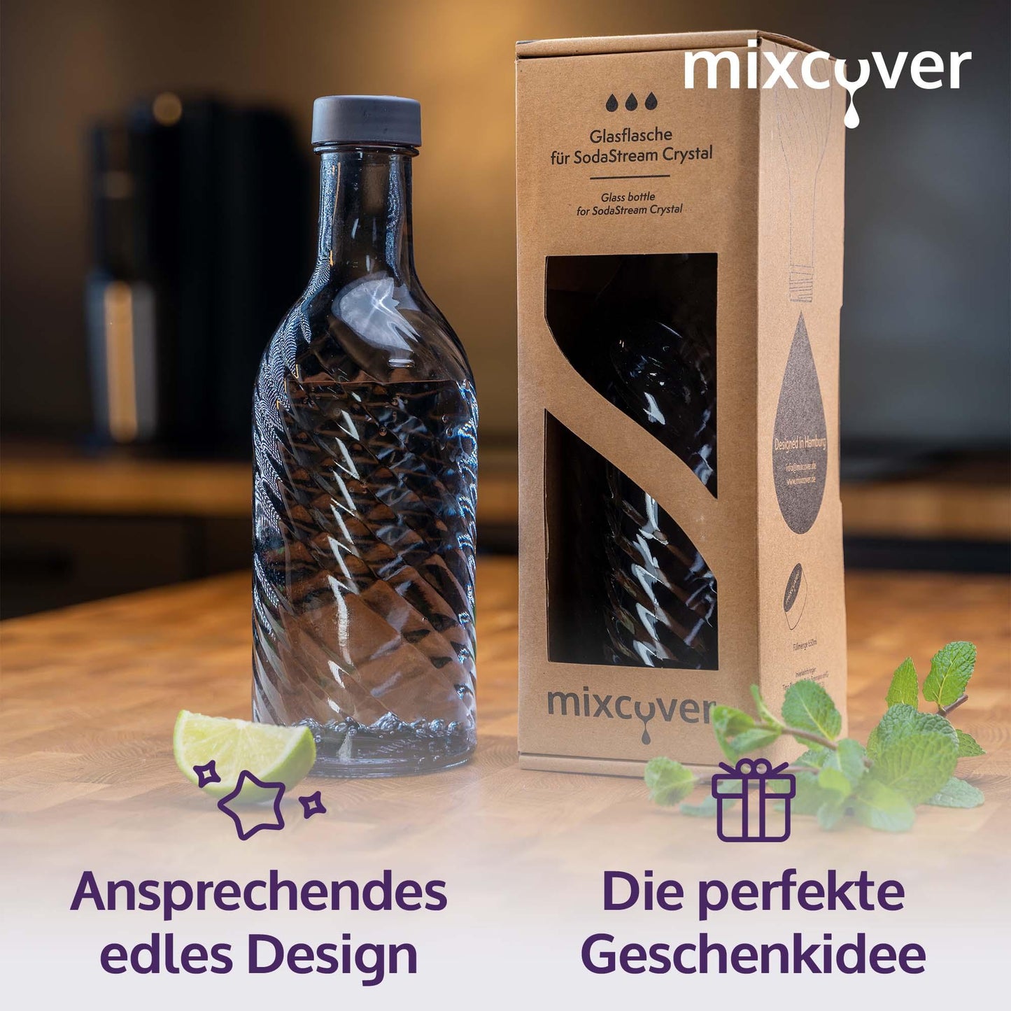 B-Ware: 5er Set Designer Glasflasche Trinkflasche Glaskaraffe Karaffe mit 0,65 Liter - grau