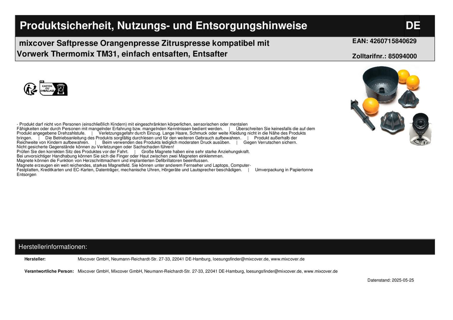 mixcover Saftpresse Orangenpresse Zitruspresse kompatibel mit Vorwerk Thermomix TM31, einfach - Lieferumfang | Mixcover